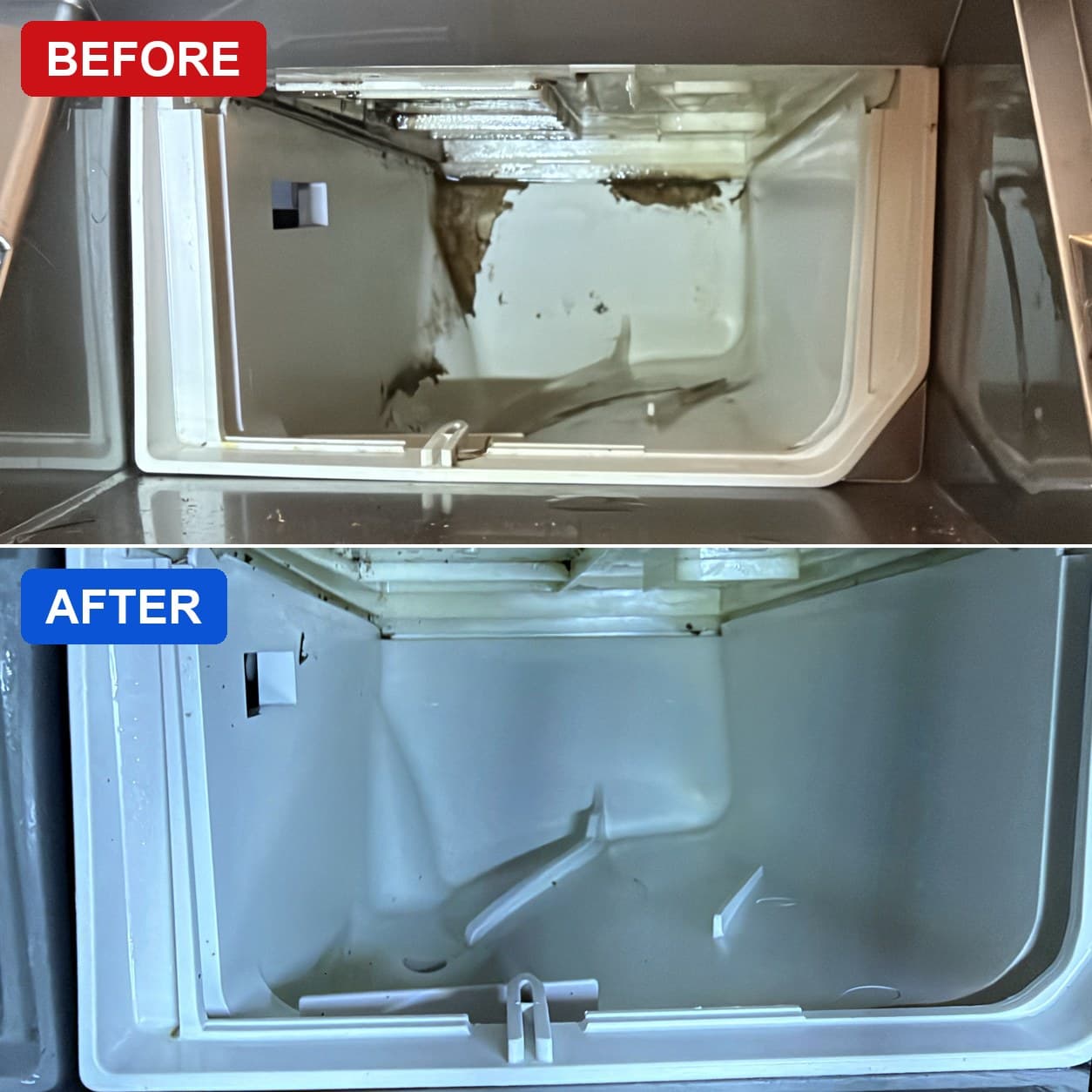 Inside a front-load washer's detergent drawer housing before and after our deep clean — dark mold and caked residue along the back and floor before, clean white plastic after