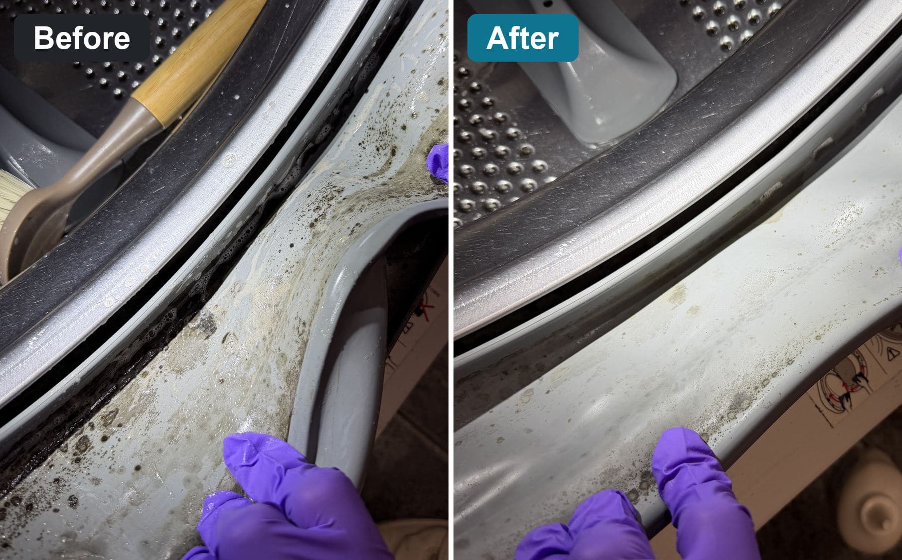 A front-load washer door gasket on one of our Brooklyn visits — heavy black mold along the seal on the left, the same seal cleaned on the right with only faint staining left in the rubber